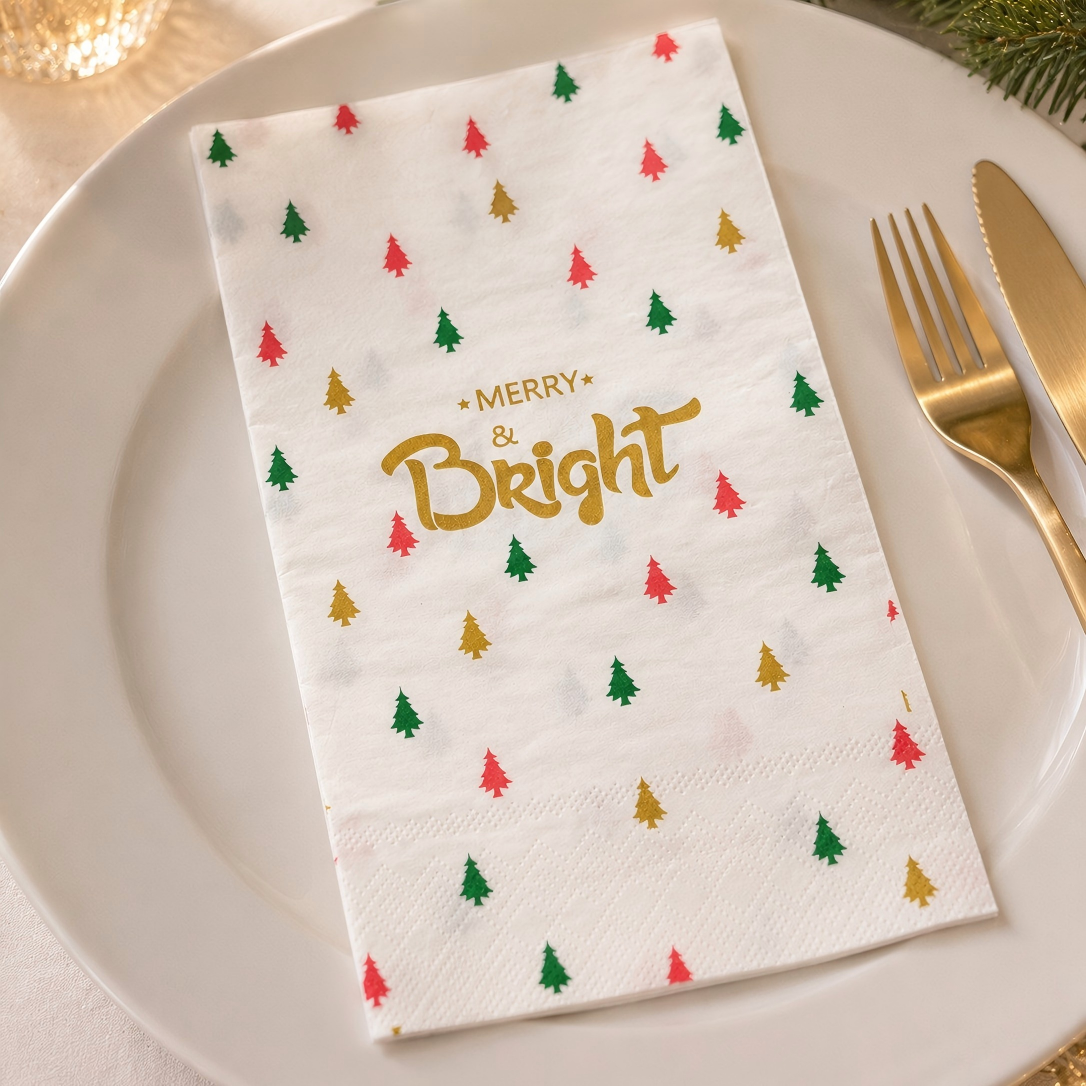 Vrolijke en heldere gouden bedrukte wegwerpservetten voor kerstfeesttafelsetting